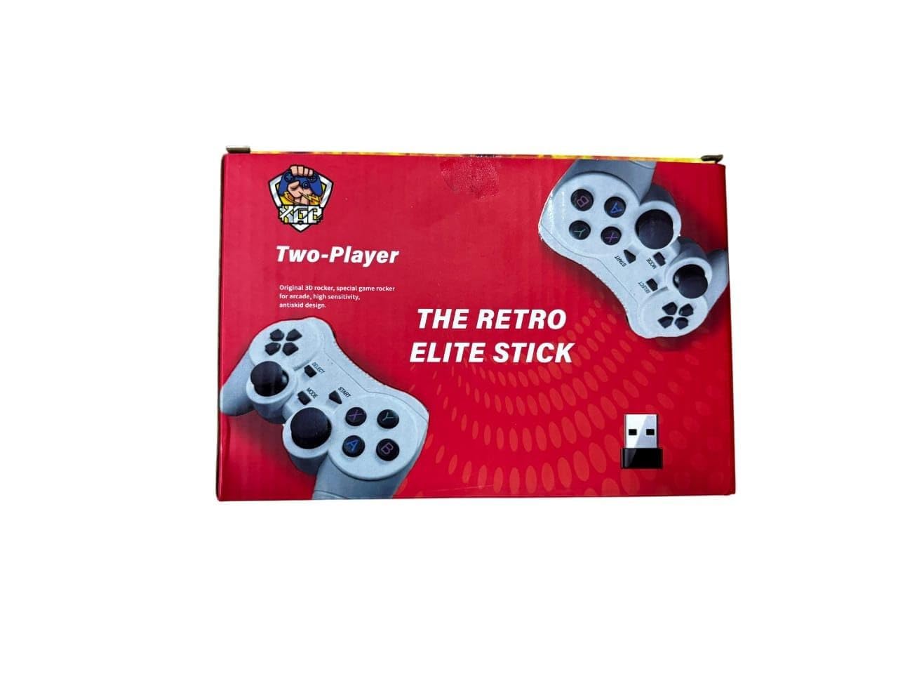 Box for 'The Retro Elite Stick' gaming controller with red background and gray controllers.