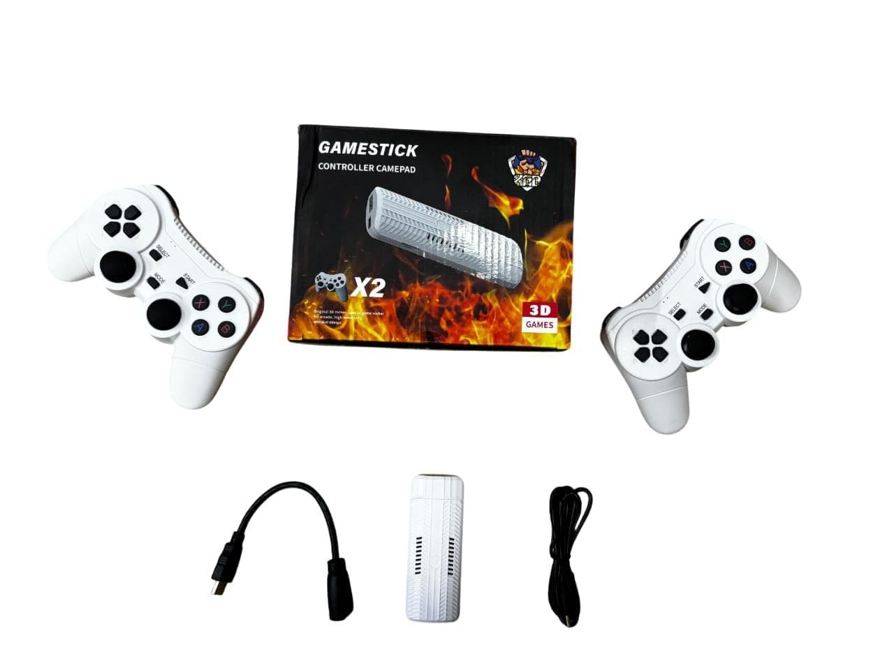 Gamestick controller pack with two controllers, a cable, and a remote on a white background.