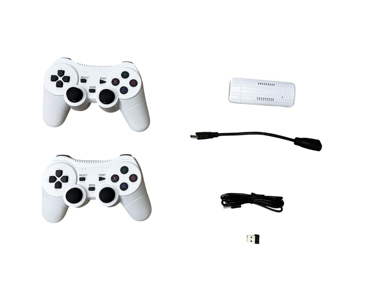 Two white gaming controllers with a USB cable and adapter on a white background