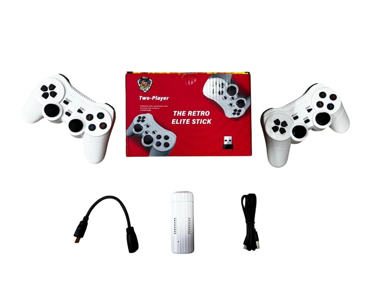 Two white gaming controllers with a red box labeled 'Two-Player The Retro Elite Stick' on a white background.