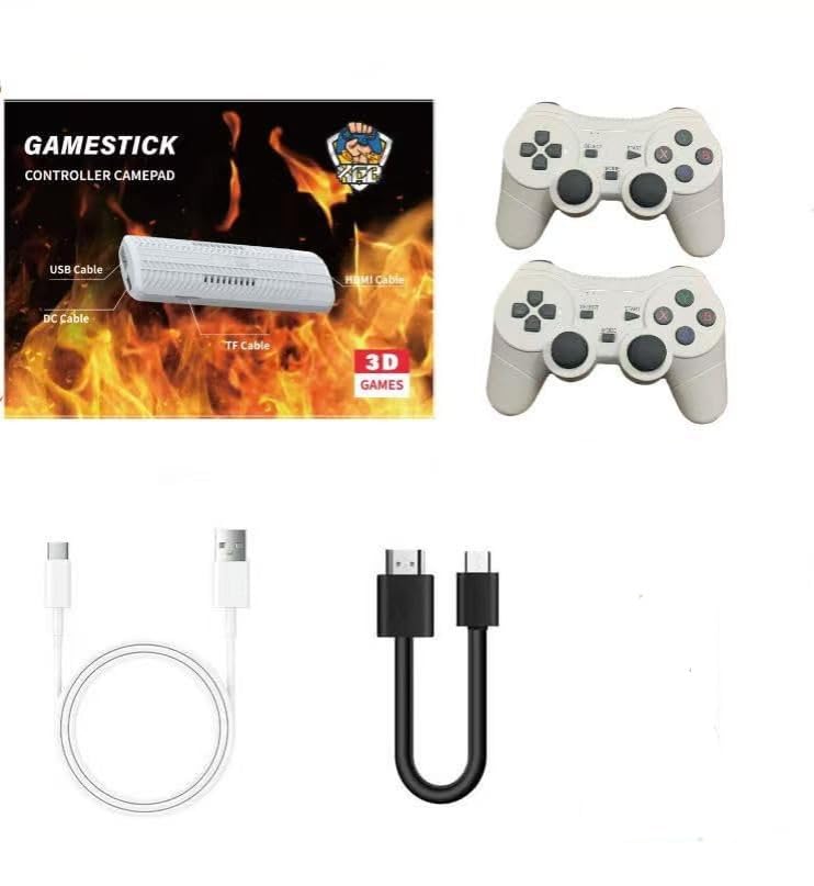 Gamestick controller with USB cable and black cable on a white background