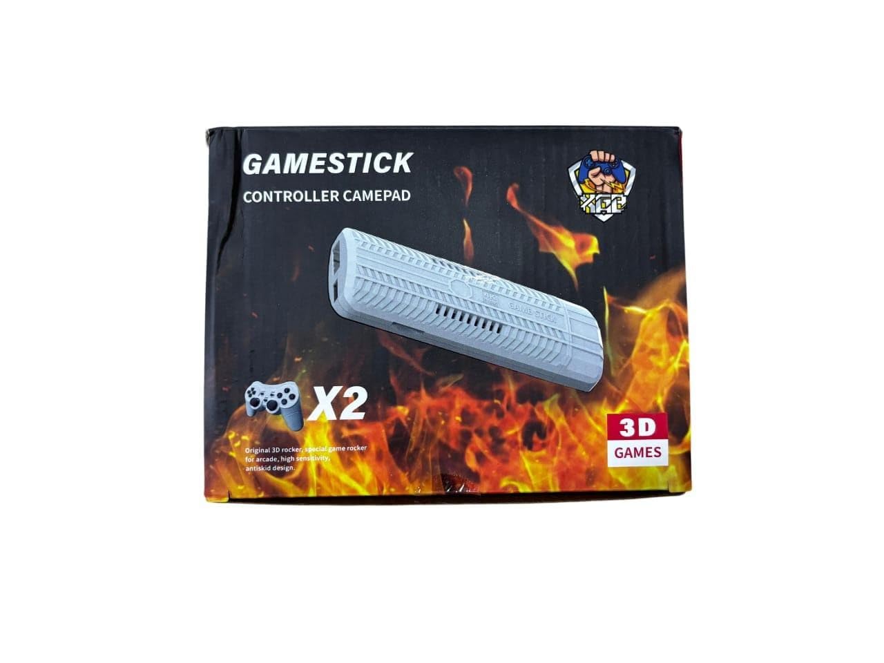 Gamestick controller camepad packaging with flames and Gamestick branding