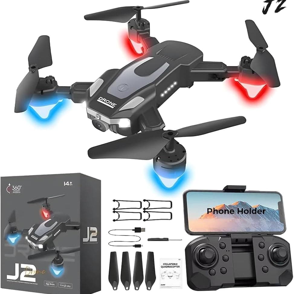 J2 Drone with Remote Control, Camera, 360° Rotation, Phone Holder, Spare Propellers
