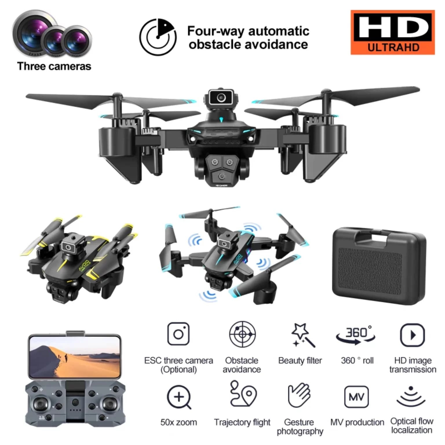 KY605s Drone with Camera 4K Professional Aerial Photography Three Cameras Drone Optical Flow Folding Obstacle Avoidance Drone