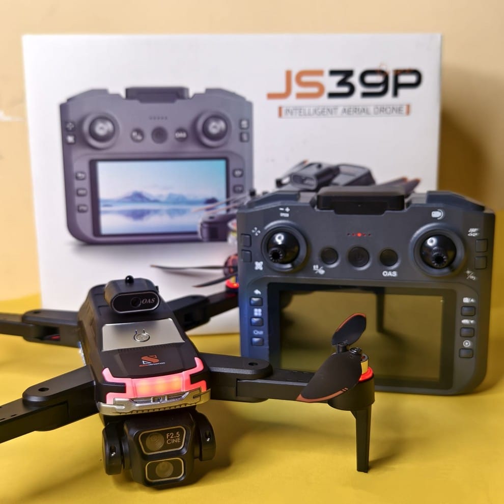 JS39P 4K Dual Camera Drone with 9-Inch Display Remote, 360° Obstacle Avoidance, FPV, VR Mode & 25-Min Flight Time