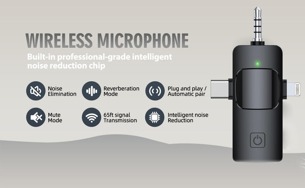 3 in 1 Wireless Microphone, Noise Cancellation Lapel Wireless Mic for Youtubers, Video Recording, Facebook, Compatible for Type-C Android/iPhone/Cameras/Laptop (Dual Channel Version)