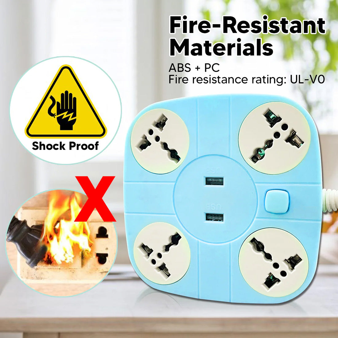 Extension Cord with 2 USB Charging Ports and 4 Socket - 10 AMP Heavy Duty for Multiple Devices Smartphone Tablet Laptop