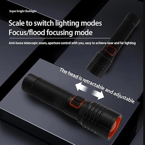 M035 (ZOOMABLE LED Metal Torch) 4 Modes Flashlight, Super Bright Cree T6 LED Light Torch C-Type Charging Port