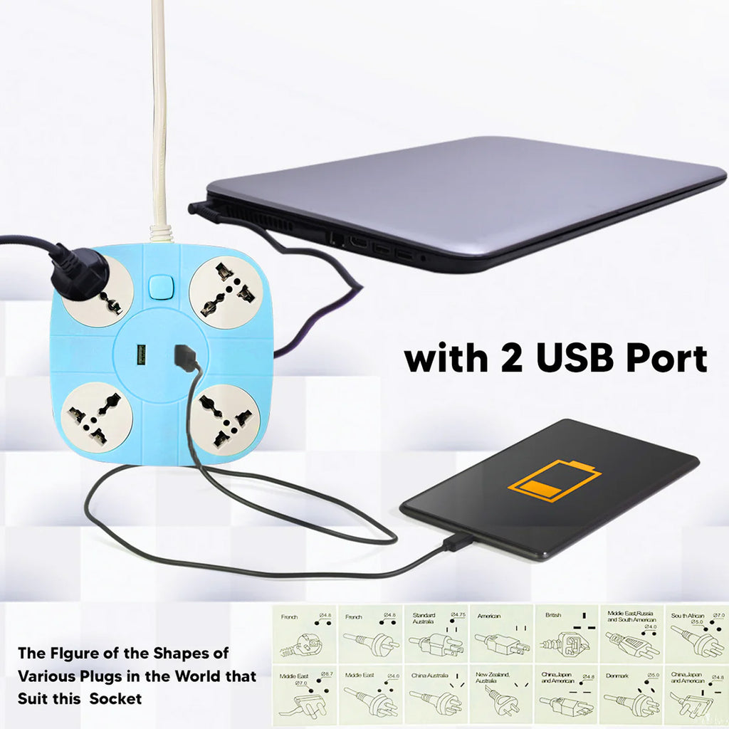 Extension Cord with 2 USB Charging Ports and 4 Socket - 10 AMP Heavy Duty for Multiple Devices Smartphone Tablet Laptop