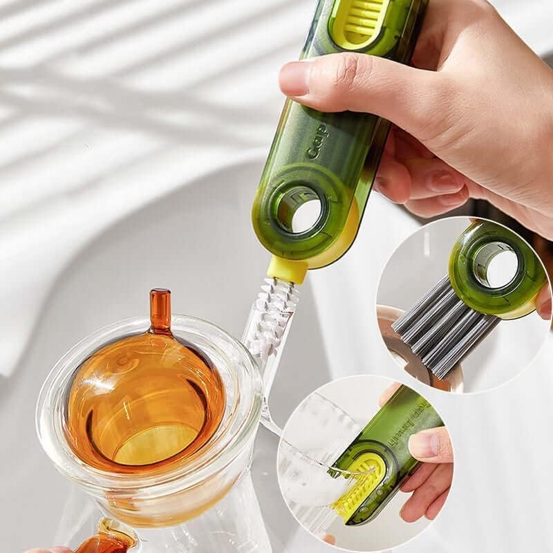3-in-1 Multifunctional Bottle Cleaning Brush – U-Shaped, Triangular & Stiff Bristle Heads for Tight Spaces