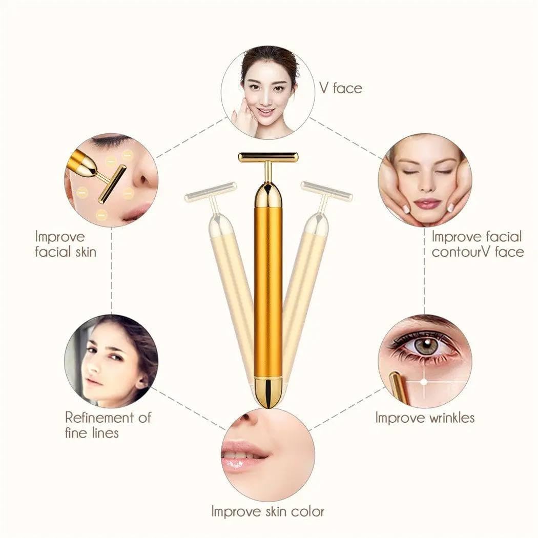 Golden Electric Vibration Facial Massage Roller – Waterproof T-Bar, Anti-Wrinkle & Skin Tightening Tool