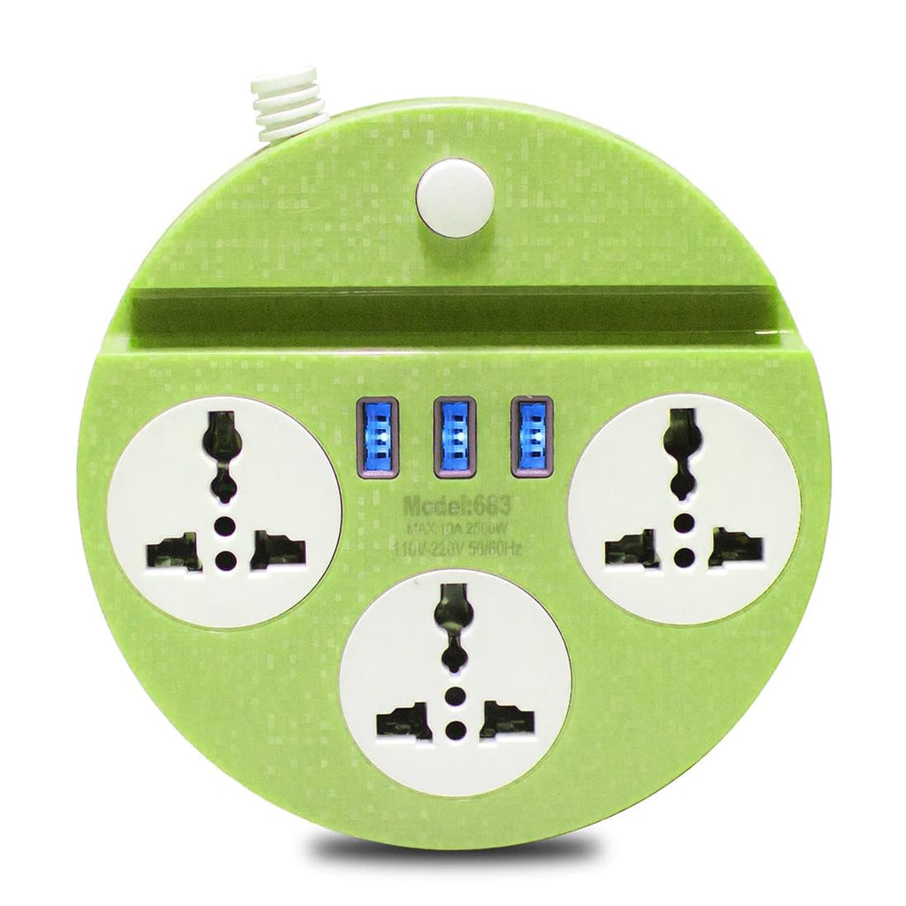 Universal Extension Cord with 3 Sockets & 3 USB Ports – Compact Power Strip for Home & Office