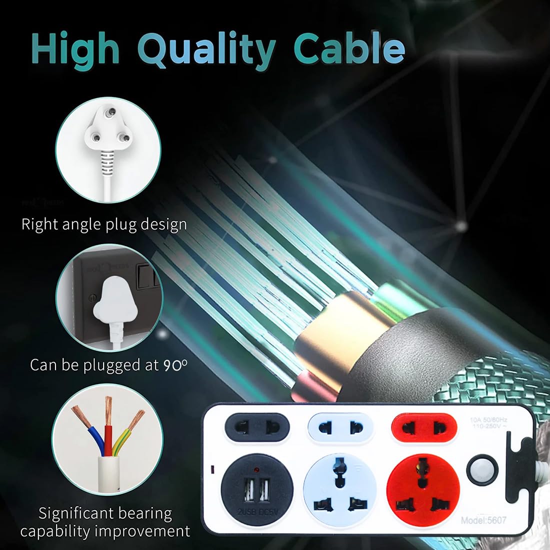 Universal Extension Cord with USB Charger – Dual USB Ports, 10A Power Rating & Multi-Socket Support for Home & Office