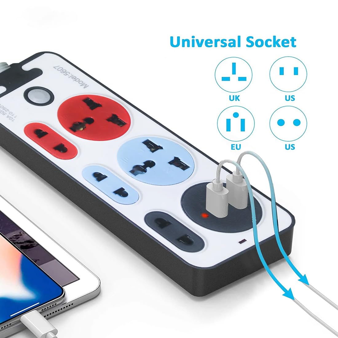 Universal Extension Cord with USB Charger – Dual USB Ports, 10A Power Rating & Multi-Socket Support for Home & Office