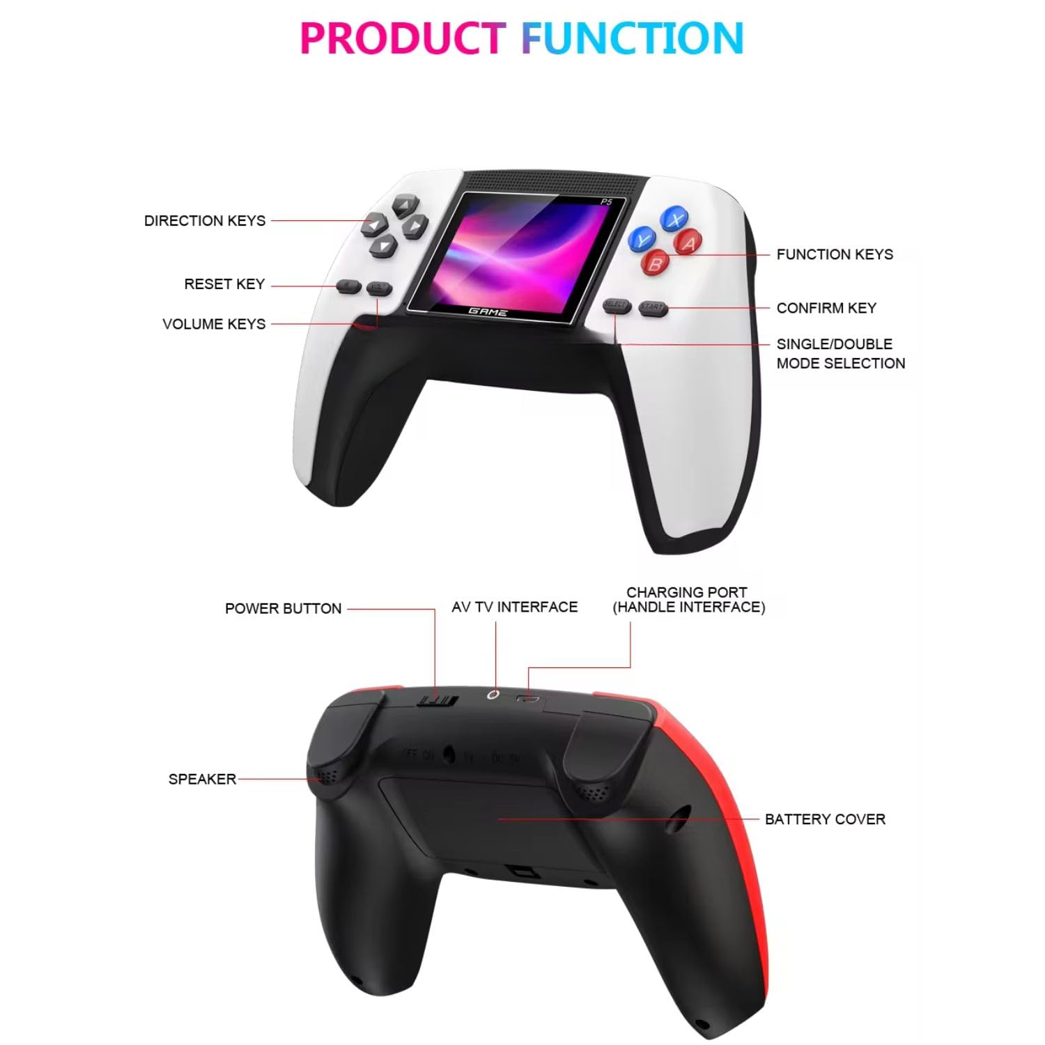 P5 Game Box Retro Handheld Game Console with 520 Built-in Games,1 Player Output for Big Screen Play; Includes Battery, USB Cable, & AV TV Output Cable for P5 Ergonomic Features Gaming