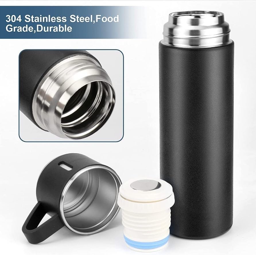 500ml Stainless Steel Vacuum Insulated Bottle – Double Wall Flask with 2 Cups | Hot & Cold Thermos