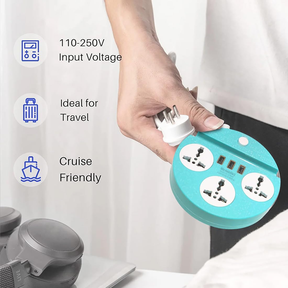 Universal Extension Cord with 3 Sockets & 3 USB Ports – Compact Power Strip for Home & Office
