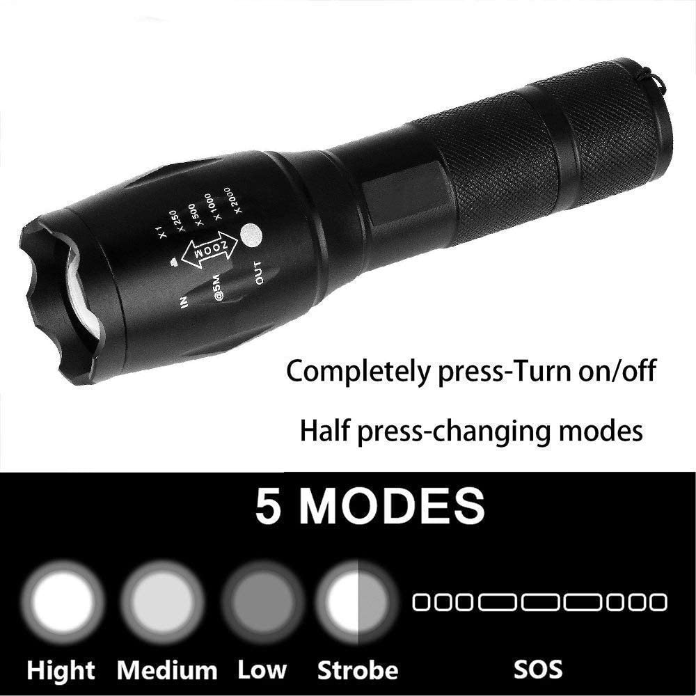 High-Power Tactical LED Flashlight – 5 Modes, Zoom Function, Rechargeable & Heavy-Duty Design