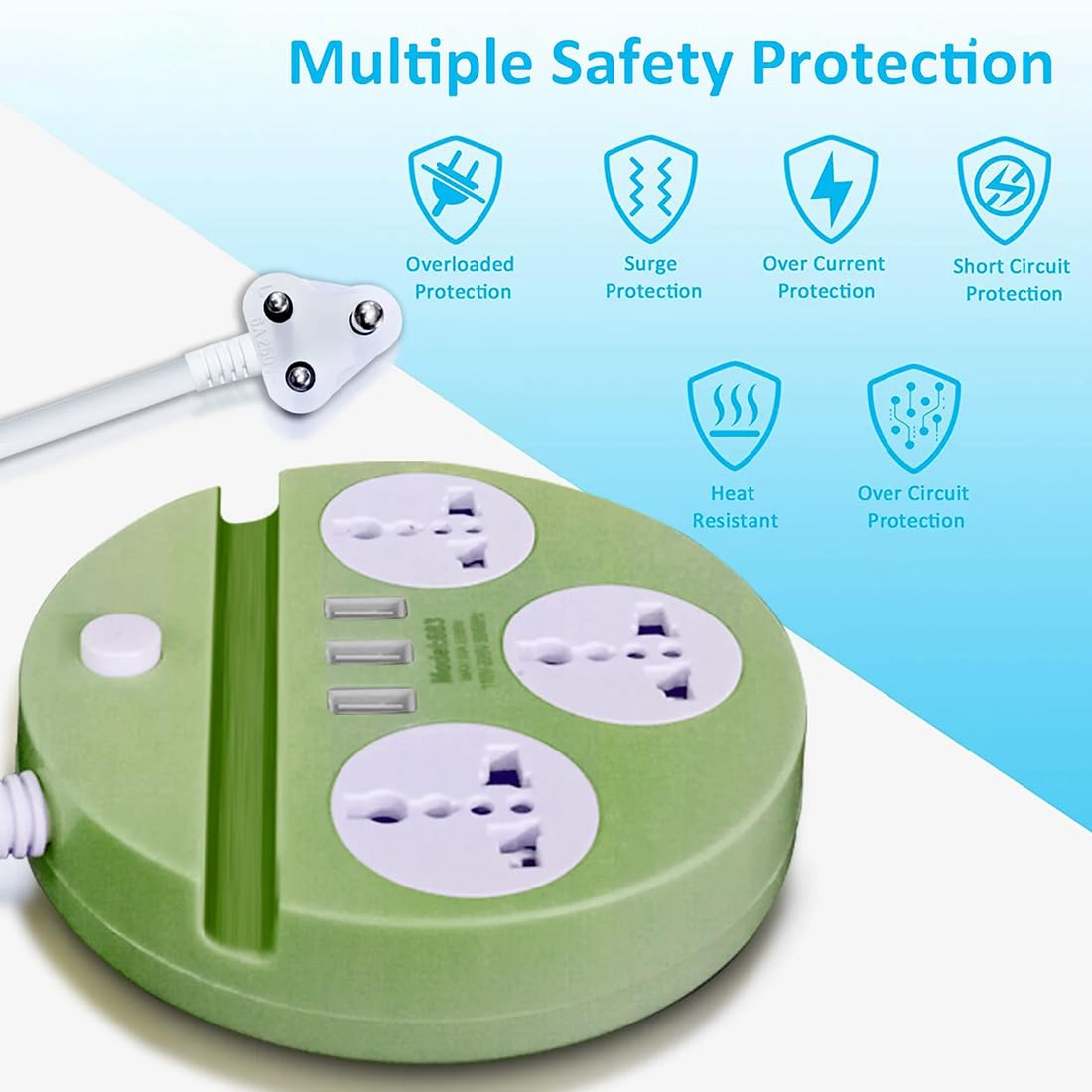 Universal Extension Cord with 3 Sockets & 3 USB Ports – Compact Power Strip for Home & Office