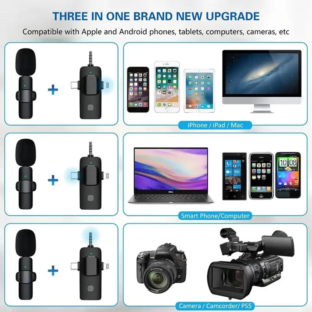 3 in 1 Wireless Microphone, Noise Cancellation Lapel Wireless Mic for Youtubers, Video Recording, Facebook, Compatible for Type-C Android/iPhone/Cameras/Laptop (Dual Channel Version)