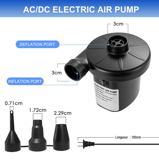 Portable Electric Air Pump 130W with 3 Nozzles | Quick-Fill Inflator/Deflator for Air Beds, Sofas, Rafts & Pool Floats | 220V AC