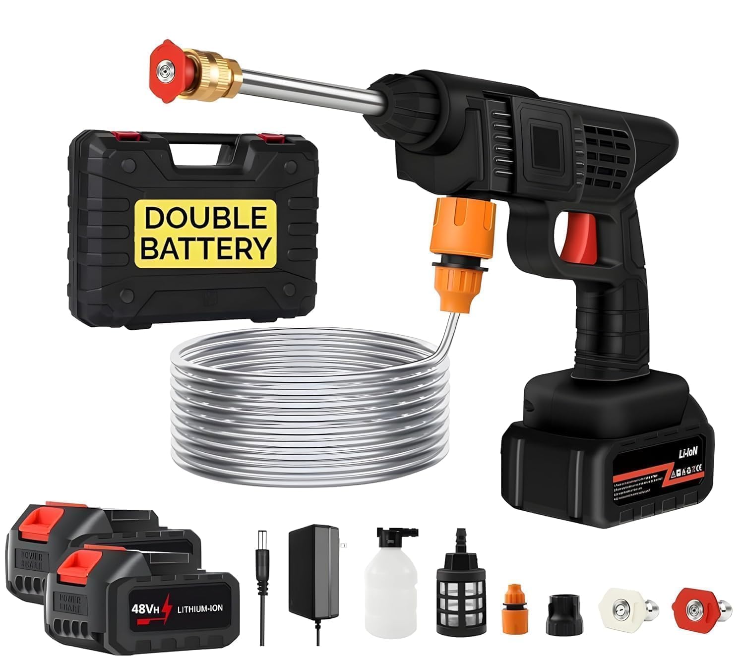 Cordless Portable Wireless High Pressure Washer Gun 48V for Car Wash Bike Washing Cleaning| Adjustable Nozzle and 5M Hose Pipe (Double_Battery)