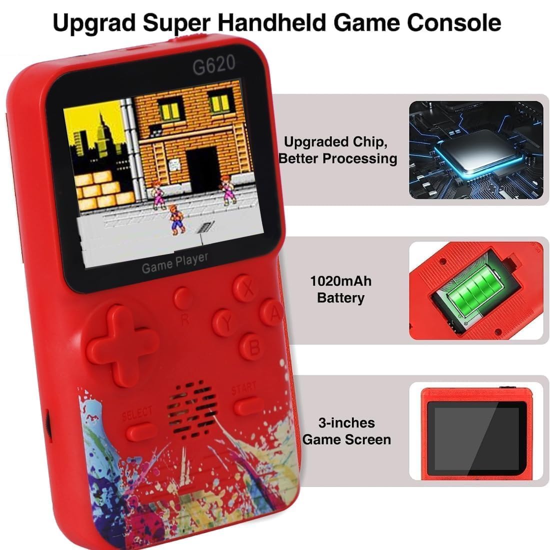 G620  Video Game for Kids Console 500 in 1 Classic Games Gameboy Edition 3 Inch Screen Support for TV Output Bliss Comes with Games Super Bros Street Fighter, Multicolor