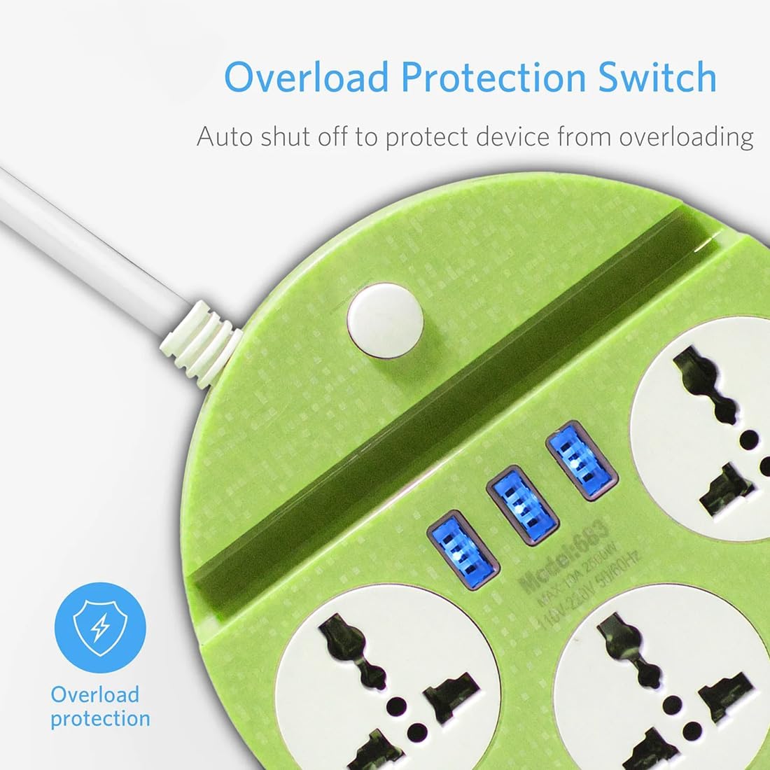 Universal Extension Cord with 3 Sockets & 3 USB Ports – Compact Power Strip for Home & Office