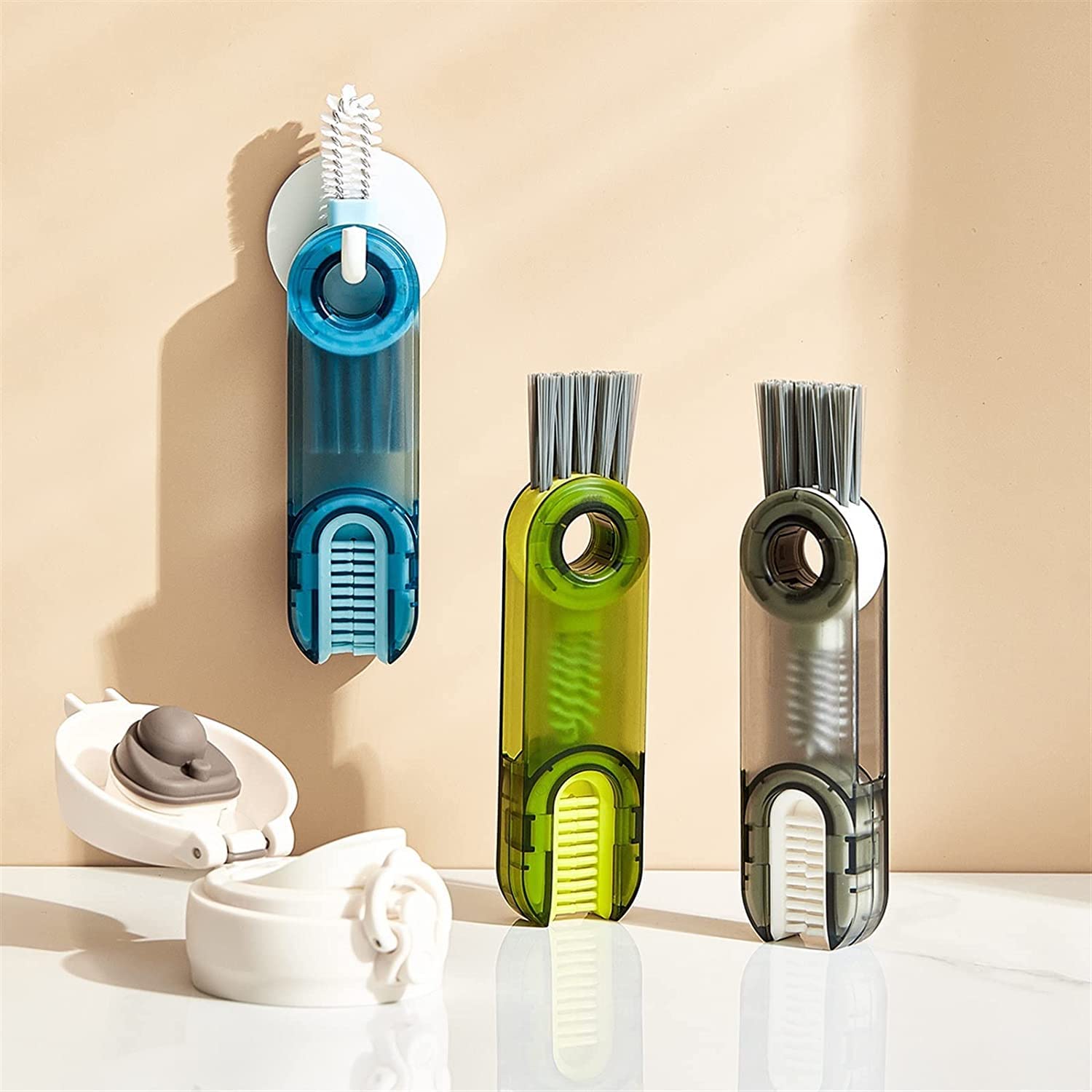 3-in-1 Multifunctional Bottle Cleaning Brush – U-Shaped, Triangular & Stiff Bristle Heads for Tight Spaces