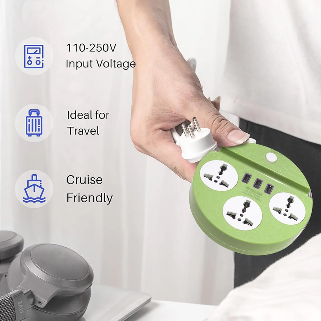 Universal Extension Cord with 3 Sockets & 3 USB Ports – Compact Power Strip for Home & Office