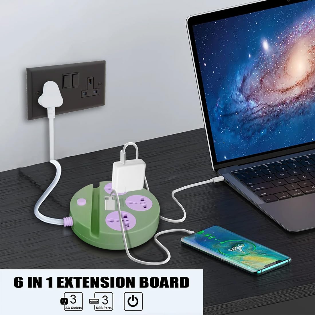 Universal Extension Cord with 3 Sockets & 3 USB Ports – Compact Power Strip for Home & Office