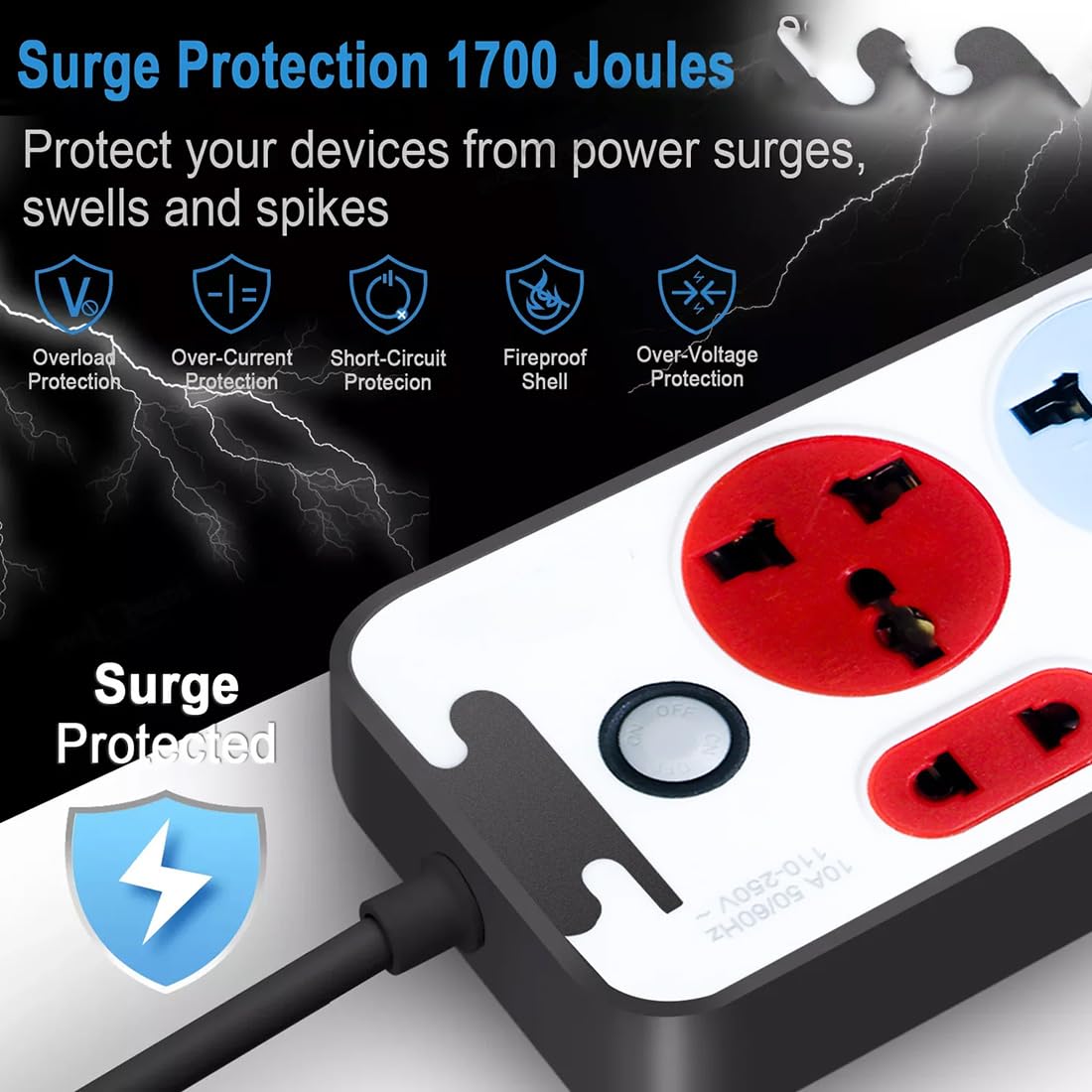 Universal Extension Cord with USB Charger – Dual USB Ports, 10A Power Rating & Multi-Socket Support for Home & Office