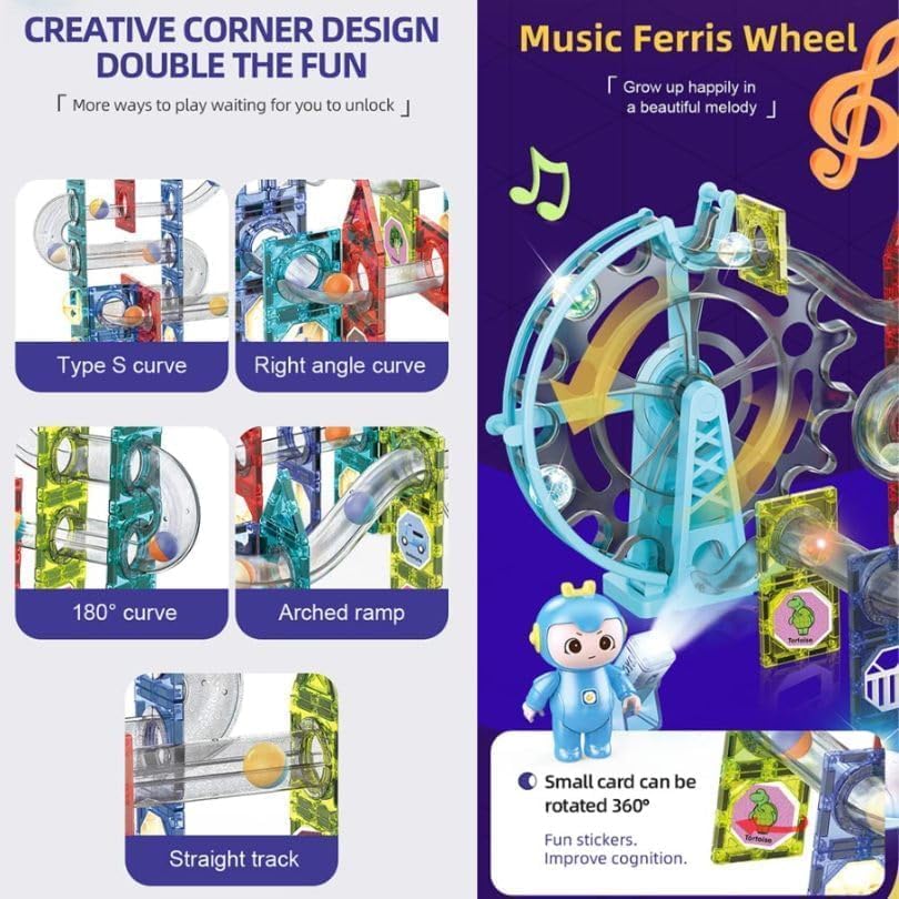 Light-Music-Electric Magnetic Tiles- Building Blocks for Kids 80-Pieces Light & Musical Ferris Wheel Marble Run 3D STEAM Toys for Kids