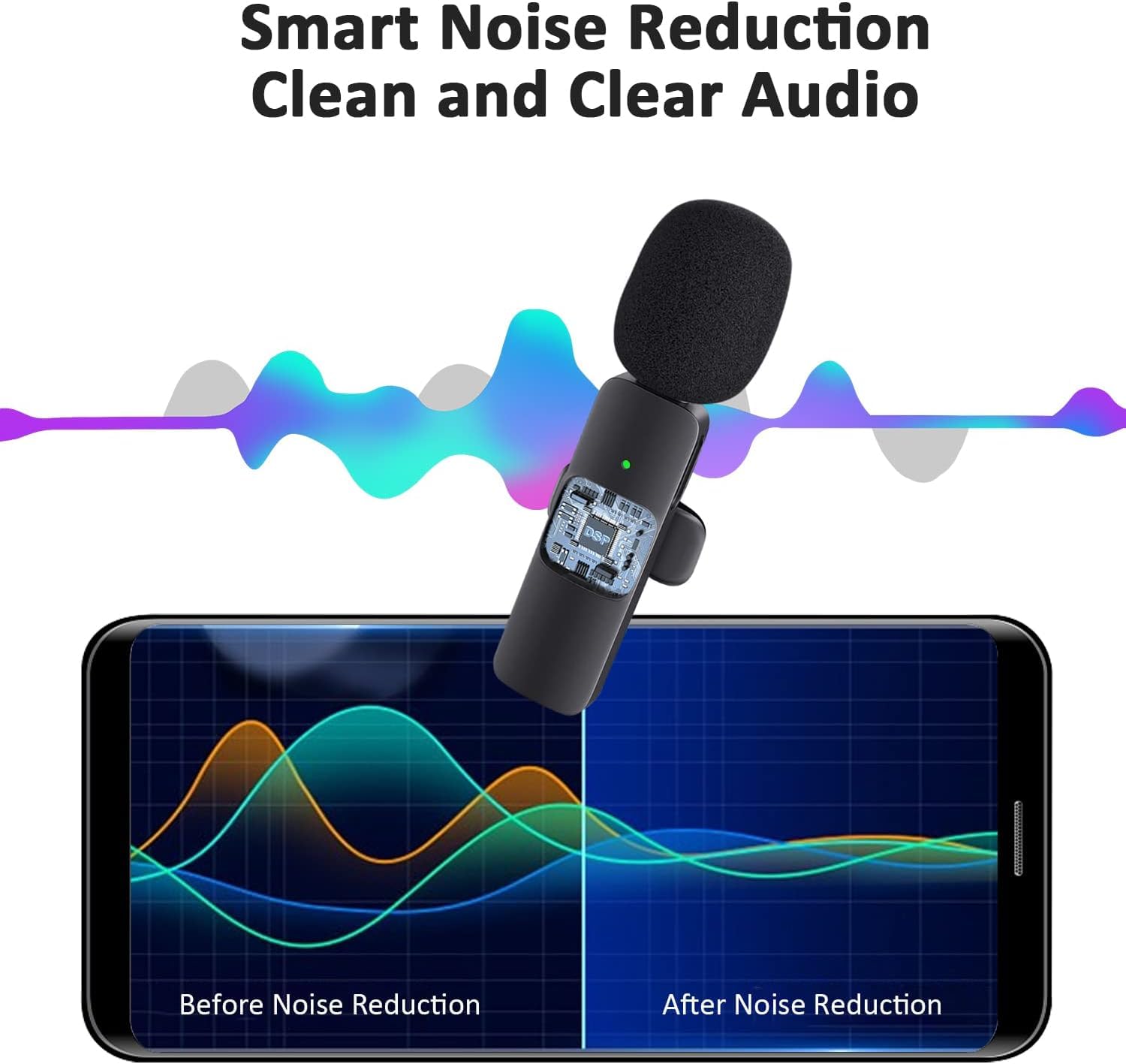 Omnidirectional Lavalier Wireless Microphone for Type-C Android & iPhones, Noise Reduction Lapel Mic for Youtubers, Video Recording, Facebook Live, and Streaming (Black)