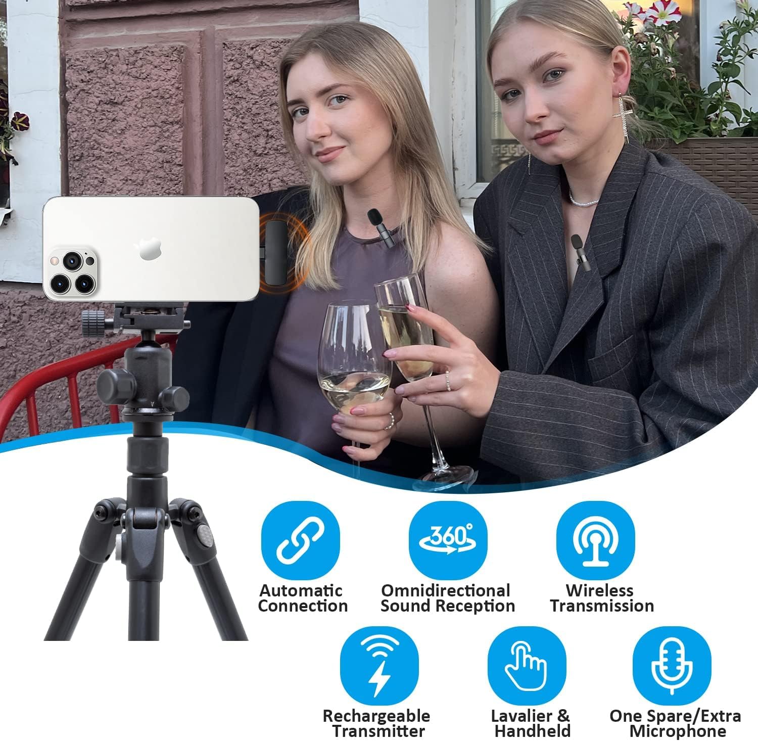 Omnidirectional Lavalier Wireless Microphone for Type-C Android & iPhones, Noise Reduction Lapel Mic for Youtubers, Video Recording, Facebook Live, and Streaming (Black)