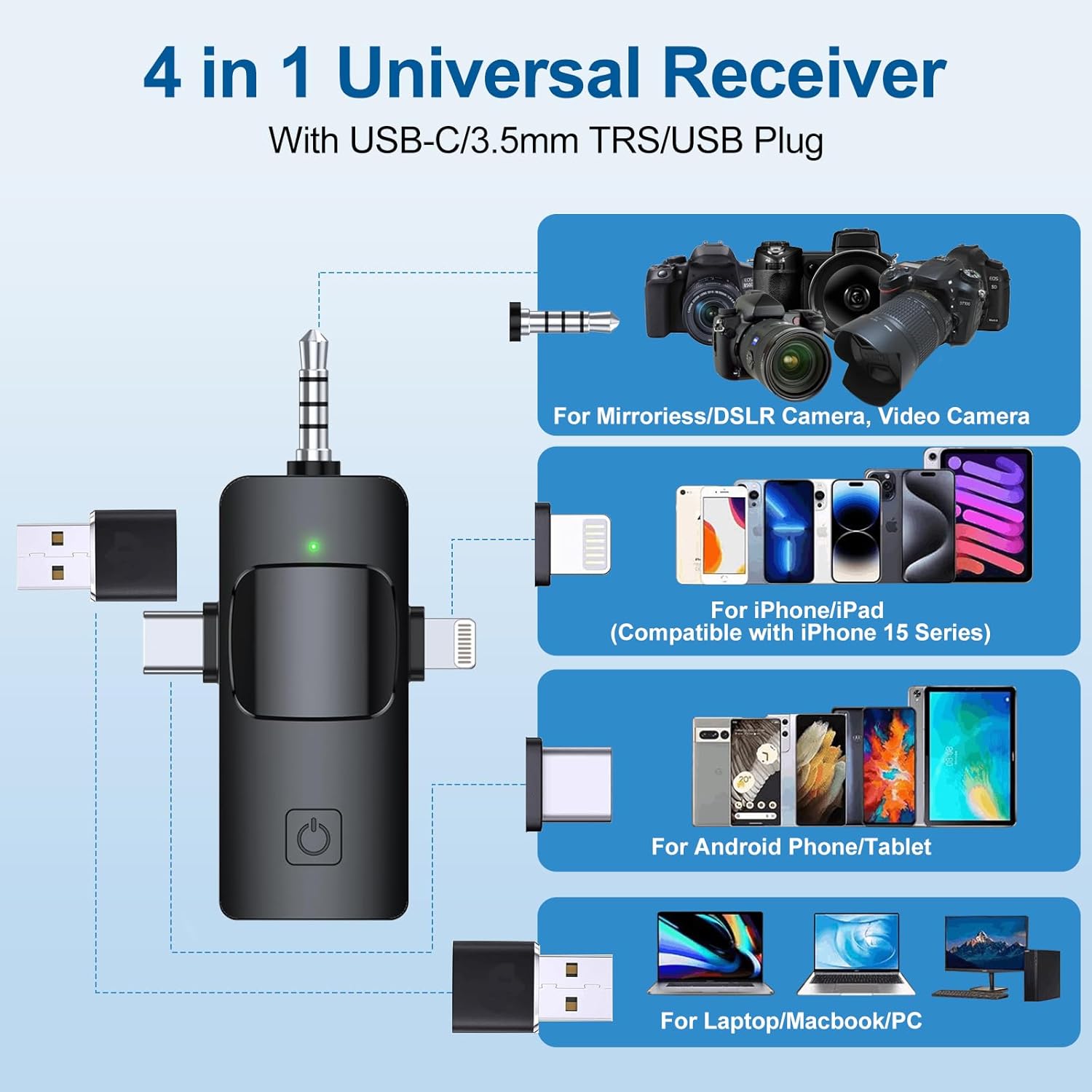 3 in 1 Wireless Microphone, Noise Cancellation Lapel Wireless Mic for Youtubers, Video Recording, Facebook, Compatible for Type-C Android/iPhone/Cameras/Laptop (Dual Channel Version)