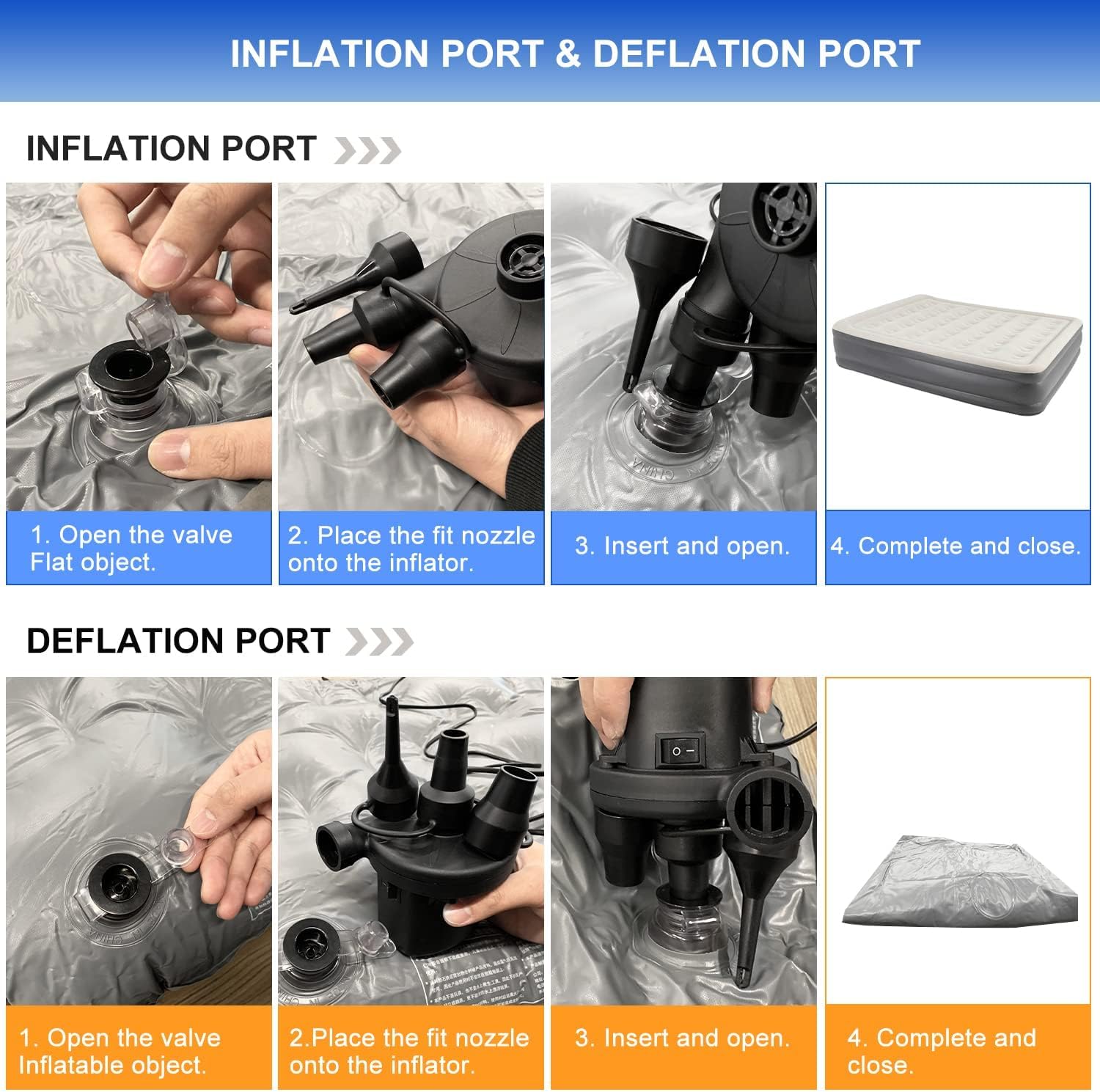 Portable Electric Air Pump 130W with 3 Nozzles | Quick-Fill Inflator/Deflator for Air Beds, Sofas, Rafts & Pool Floats | 220V AC