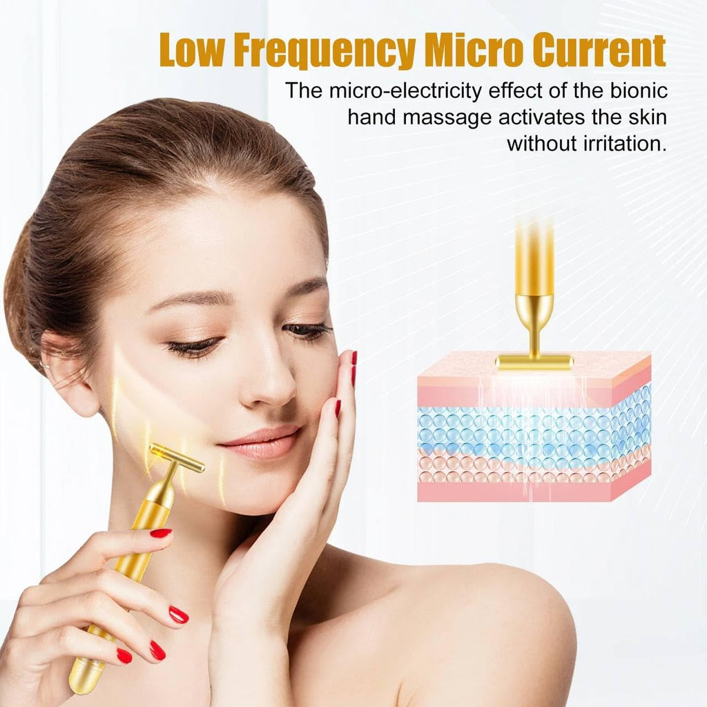 Golden Electric Vibration Facial Massage Roller – Waterproof T-Bar, Anti-Wrinkle & Skin Tightening Tool