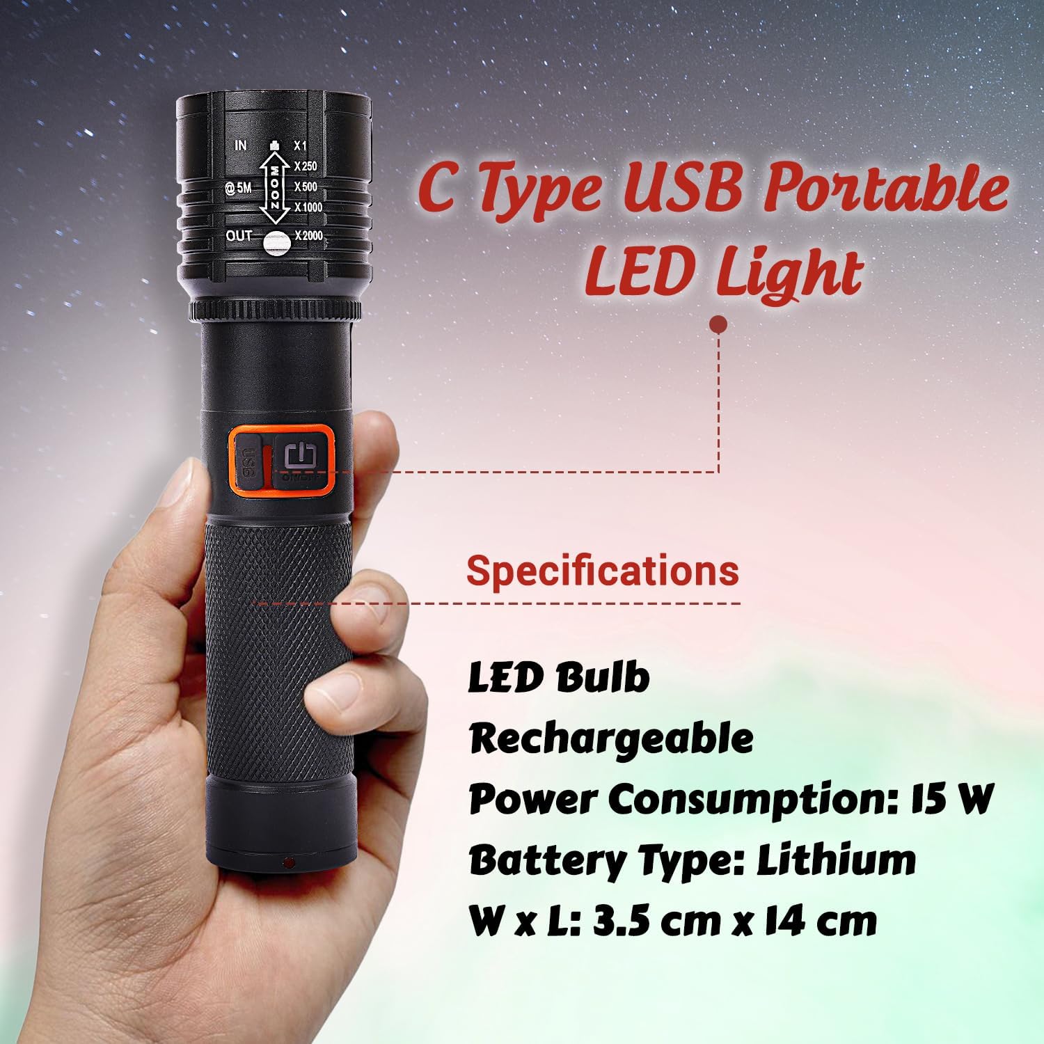 M035 (ZOOMABLE LED Metal Torch) 4 Modes Flashlight, Super Bright Cree T6 LED Light Torch C-Type Charging Port