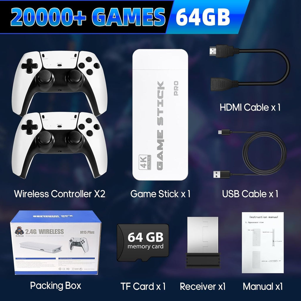 (New 2025) Wireless Video Games for TV Gaming Retro Gaming Console with Game Stick HD Game Plug & Play TV Video Game Set for 2 Player with 20,000 Games 2.4G Video Games for Kids (White)