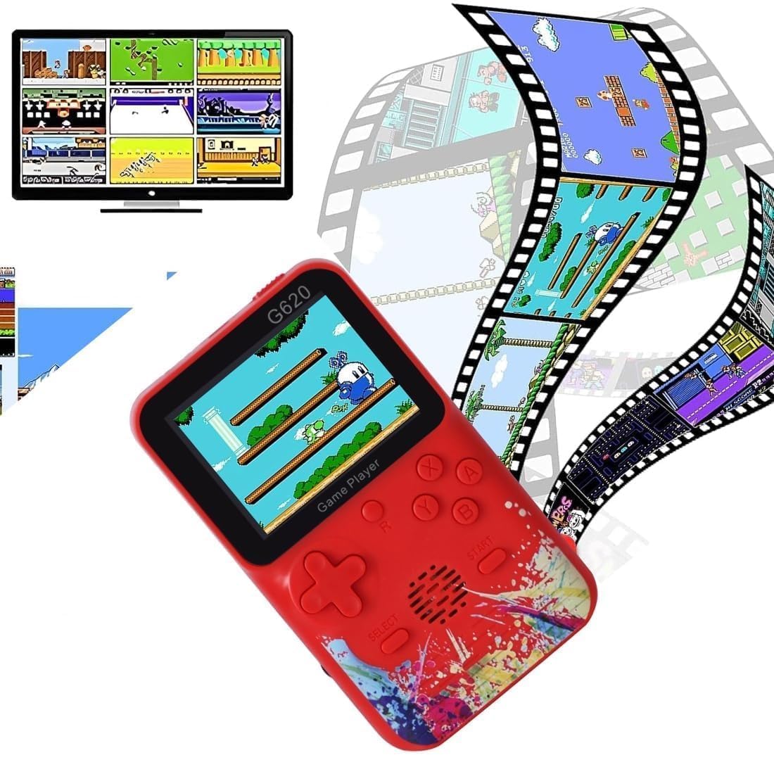 G620  Video Game for Kids Console 500 in 1 Classic Games Gameboy Edition 3 Inch Screen Support for TV Output Bliss Comes with Games Super Bros Street Fighter, Multicolor