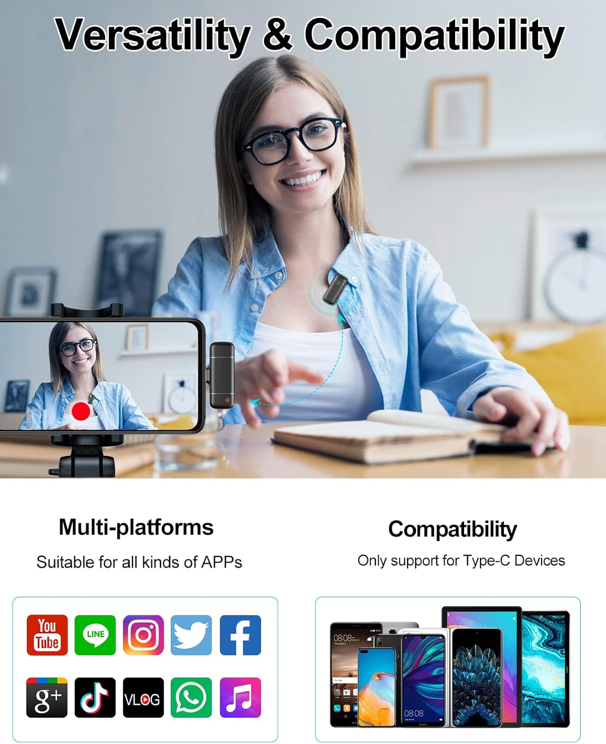 Professional Wireless Lavalier Microphone ,for iPhone iPad Android with Charging case for Video Recording, Interview, Automatic Noise Reduction