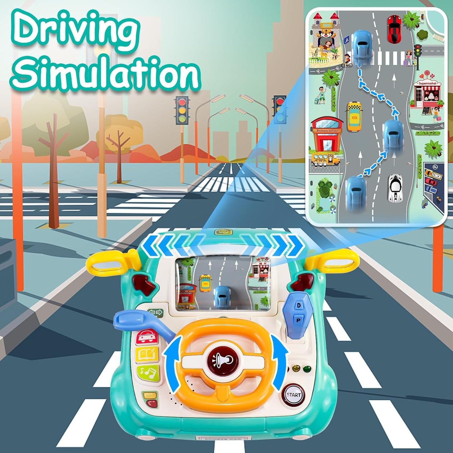 Steering Wheel Baby Racing Car with Realistic Sound and Light Interactive Learning Simulation Driving Toy for Children Aged 3+ (Color May Vary)