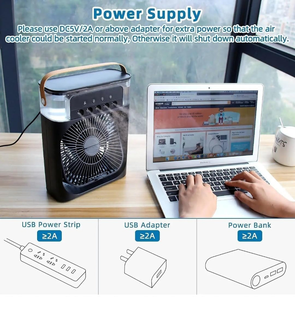 Mini Portable Air Conditioner – Quiet USB Personal Cooler Fan with 360° Adjustable Mist, 3-Speed Timer & Water Tank for Desk, Home, Office, or Kitchen