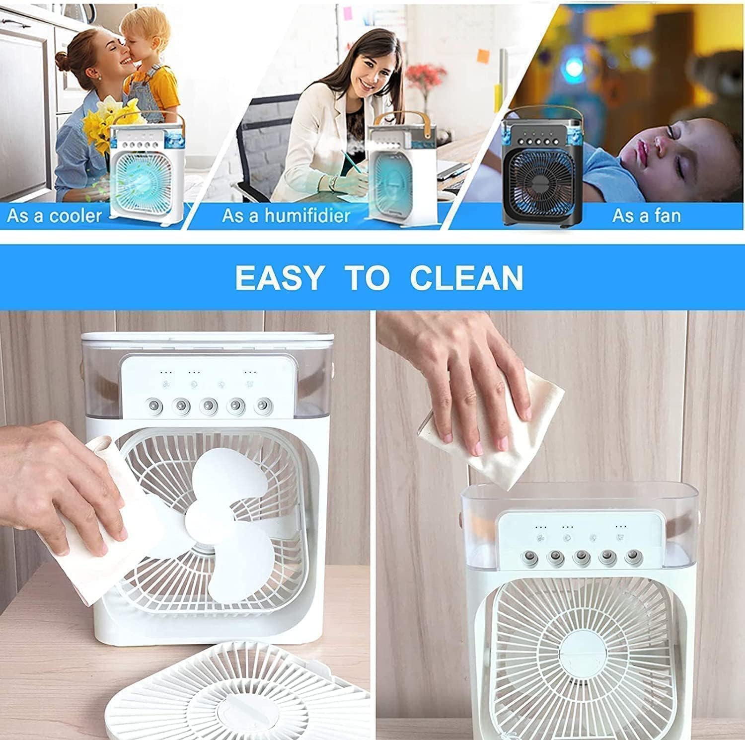 Mini Portable Air Conditioner – Quiet USB Personal Cooler Fan with 360° Adjustable Mist, 3-Speed Timer & Water Tank for Desk, Home, Office, or Kitchen