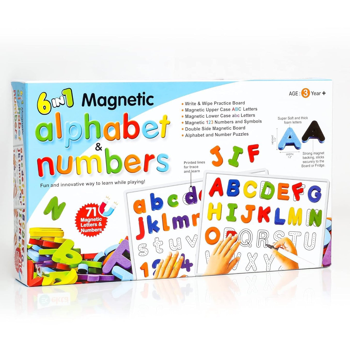 6-in-1 Magnetic Alphabet and Numbers Set, Educational Board with 71 Letters and Numbers, Double-Sided Practice Board, Age 3+