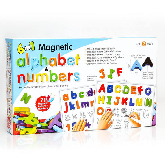 6-in-1 Magnetic Alphabet and Numbers Set, Educational Board with 71 Letters and Numbers, Double-Sided Practice Board, Age 3+