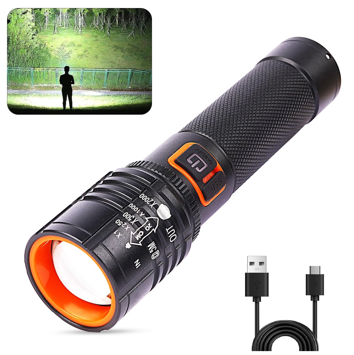 M035 (ZOOMABLE LED Metal Torch) 4 Modes Flashlight, Super Bright Cree T6 LED Light Torch C-Type Charging Port