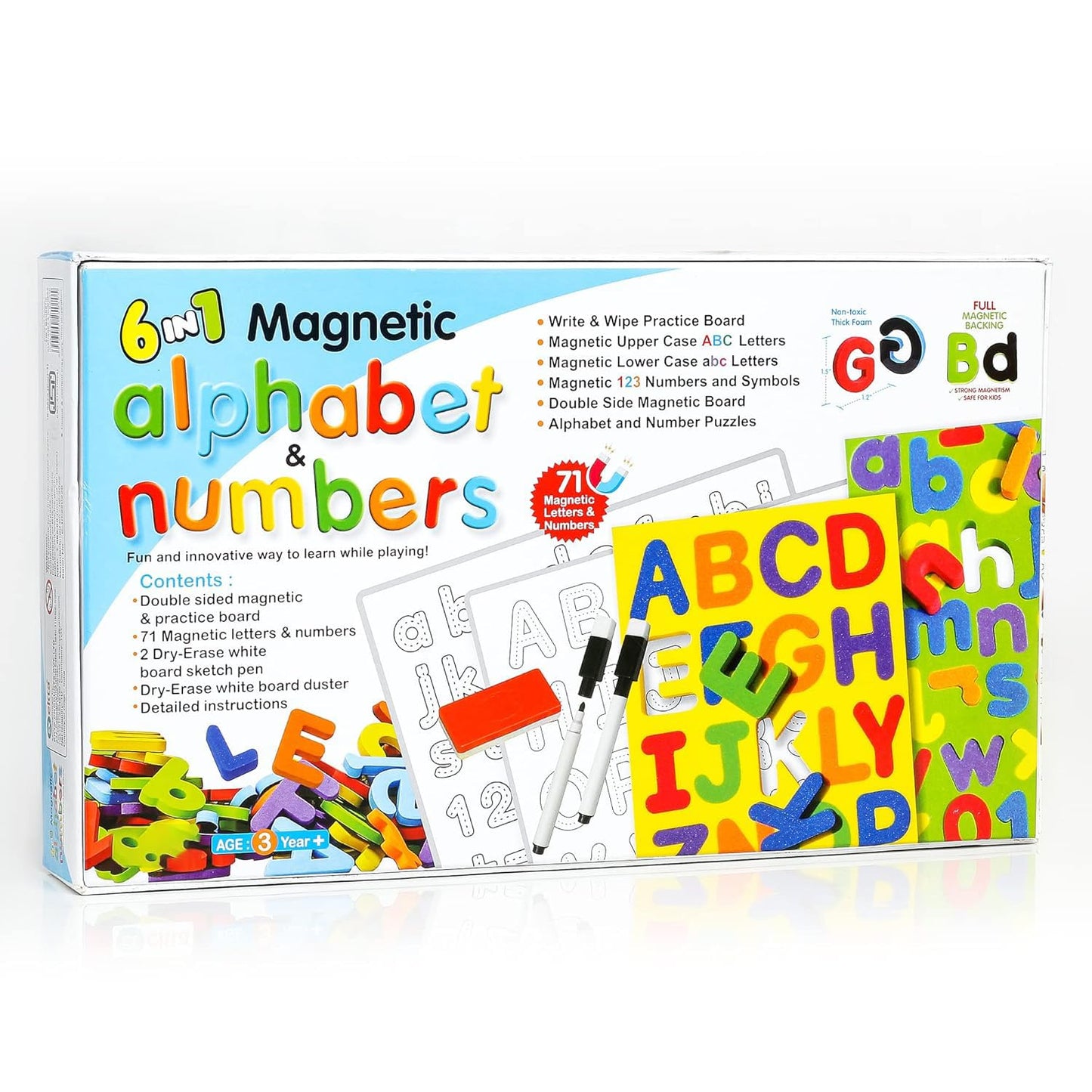 6-in-1 Magnetic Alphabet and Numbers Set, Educational Board with 71 Letters and Numbers, Double-Sided Practice Board, Age 3+