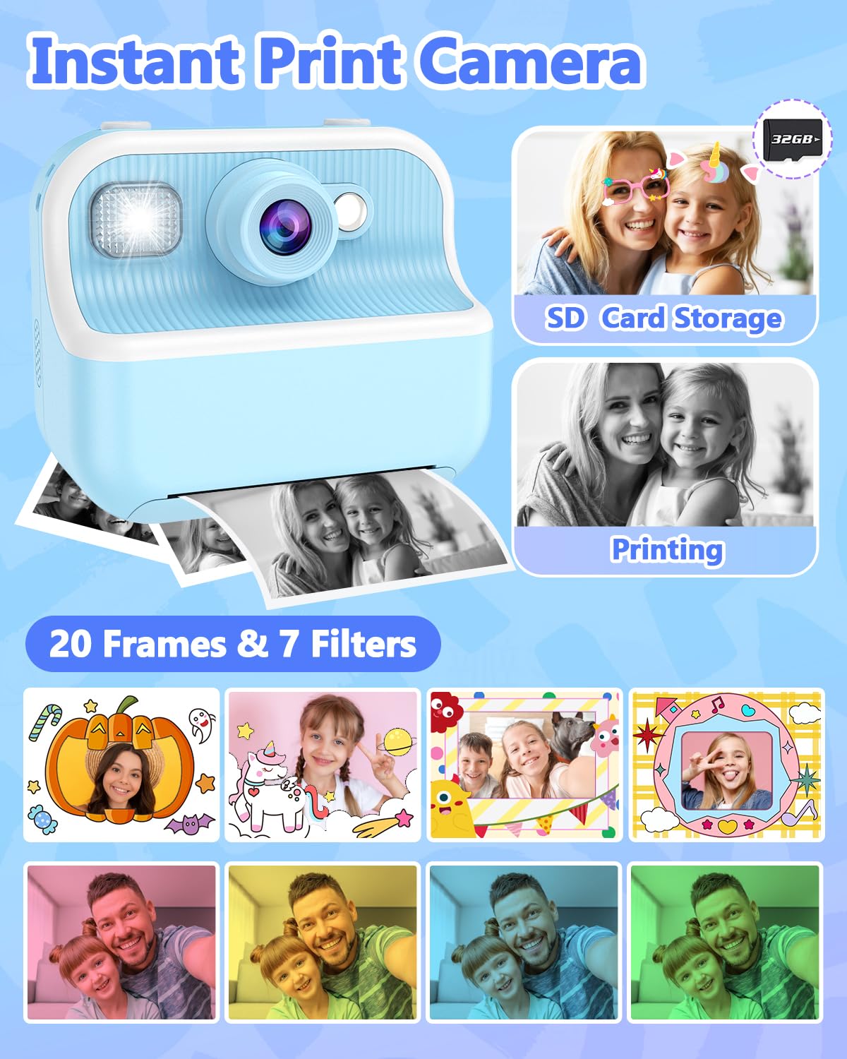 Kids Instant Print Camera – Dual Lens, 1080P Video, Thermal Printing & Fun Filters | Includes Paper Rolls, Pens & Rechargeable Battery